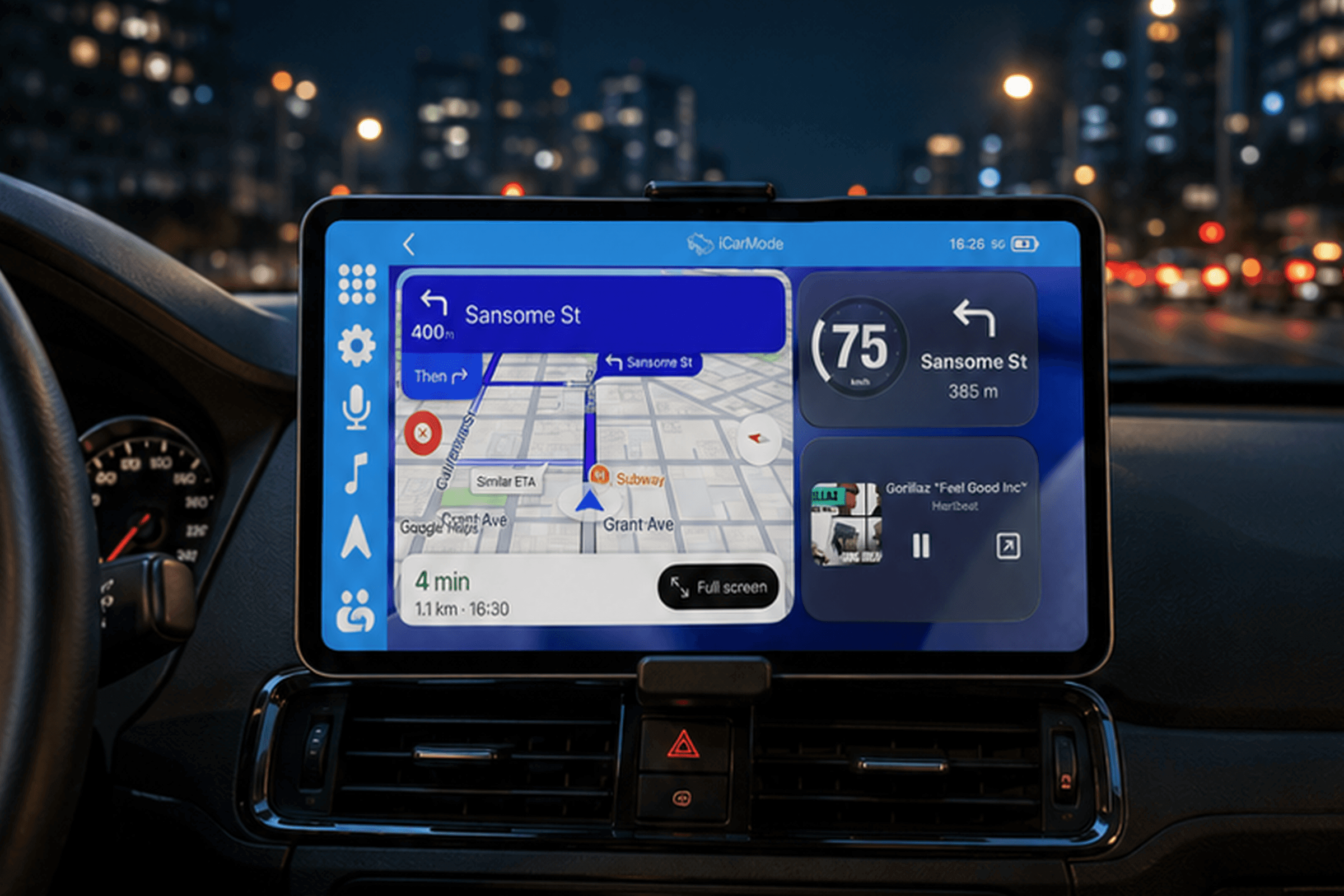 iCarMode dashboard on an iPad mounted in a car at night