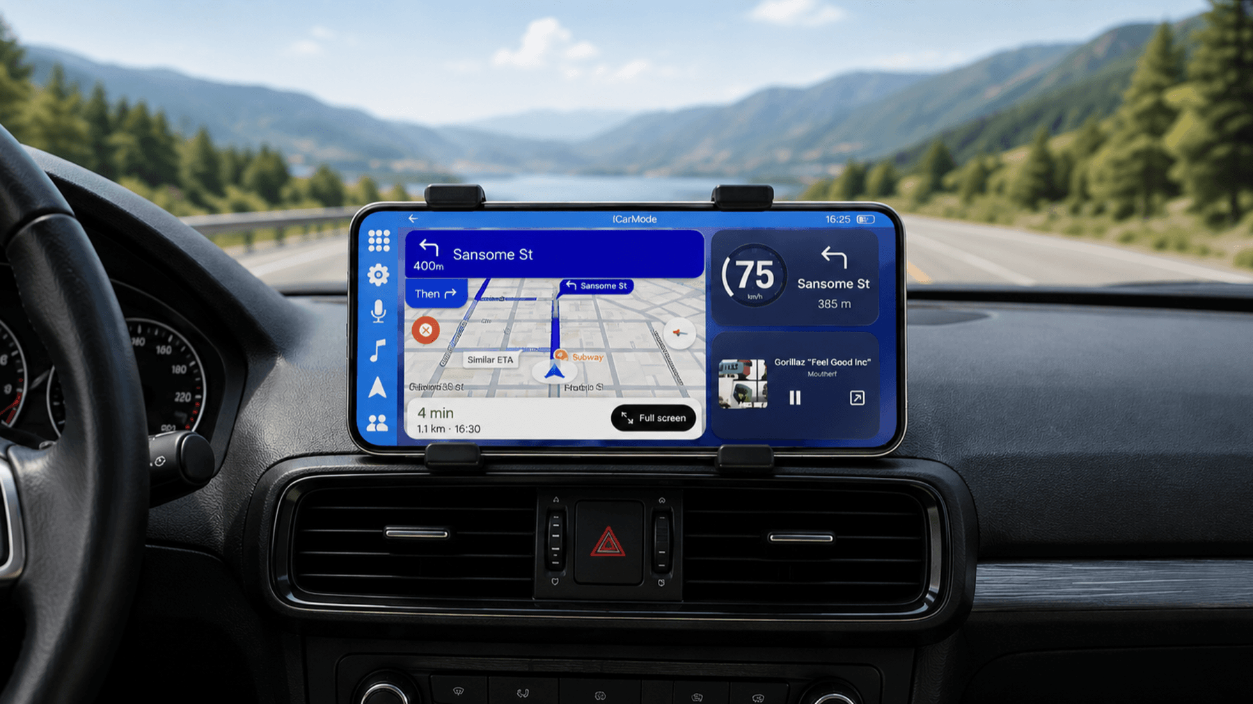iCarMode running in landscape on an iPhone mounted in a car during daylight