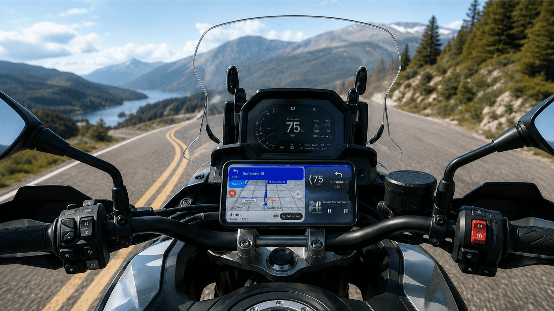 iCarMode mounted on an adventure motorcycle during daylight