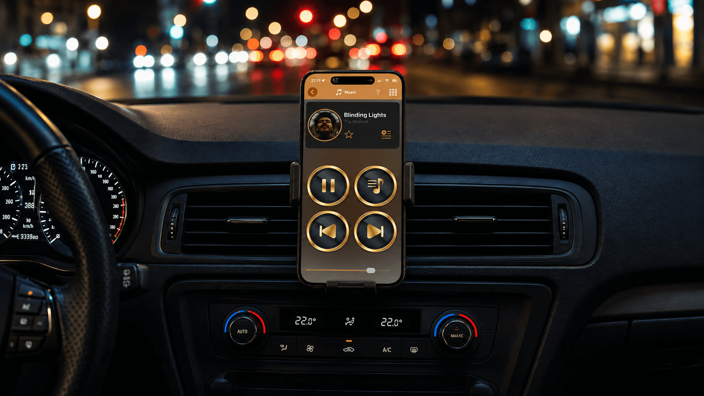 iCarMode running in portrait on an iPhone mounted in a car at night