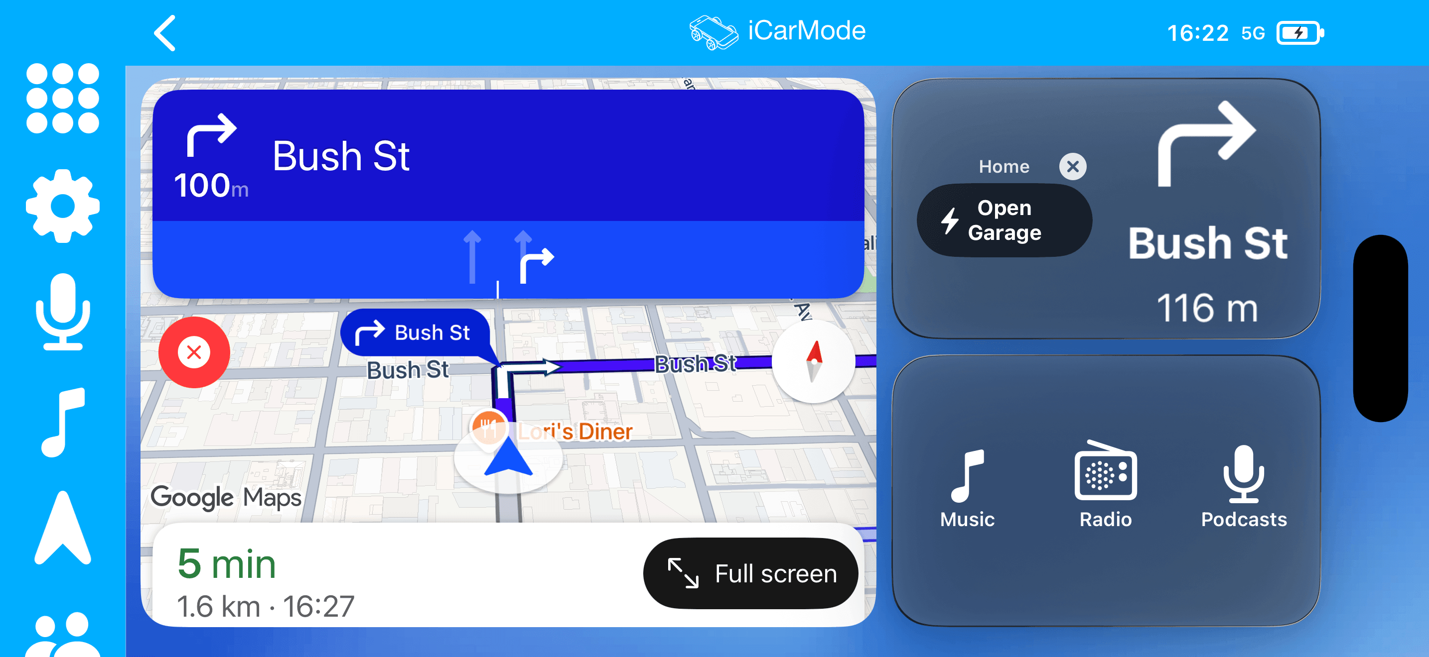 Navigation dashboard with an arrival shortcut and large audio controls