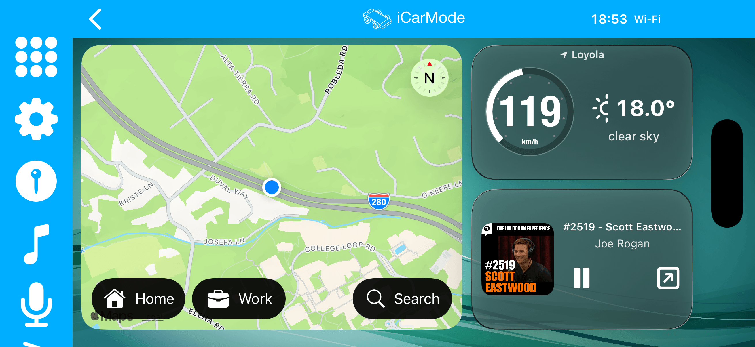 iCarMode landscape dashboard with map, speed, weather and podcast controls