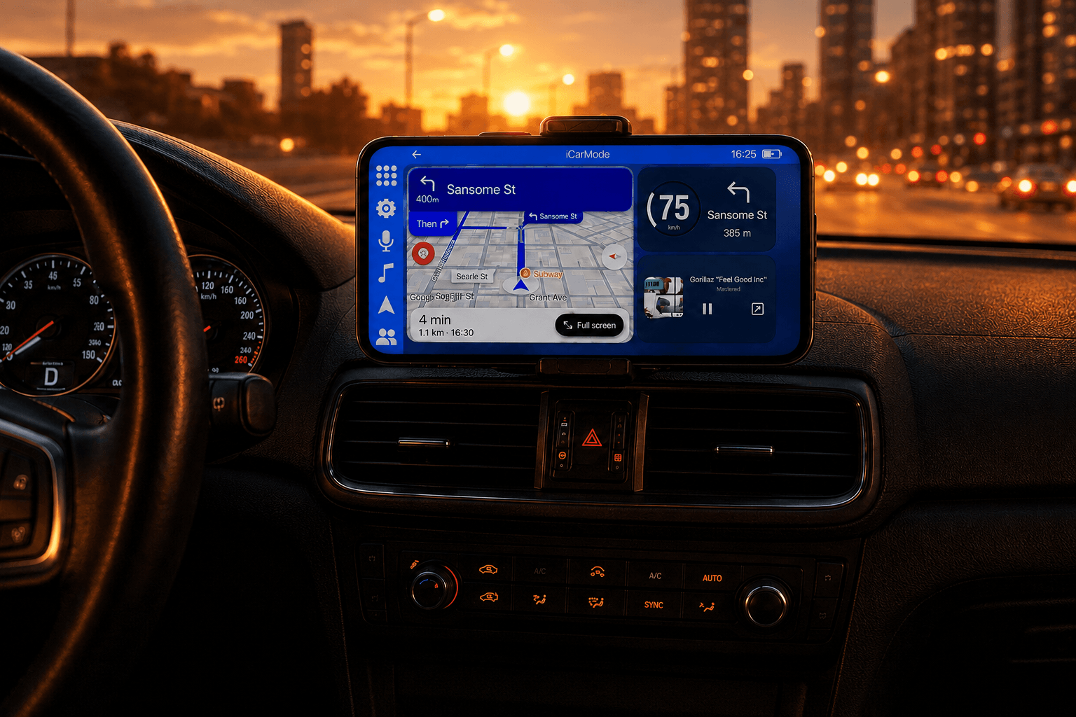iCarMode mounted in an older car at sunset, showing navigation, speed and music in landscape