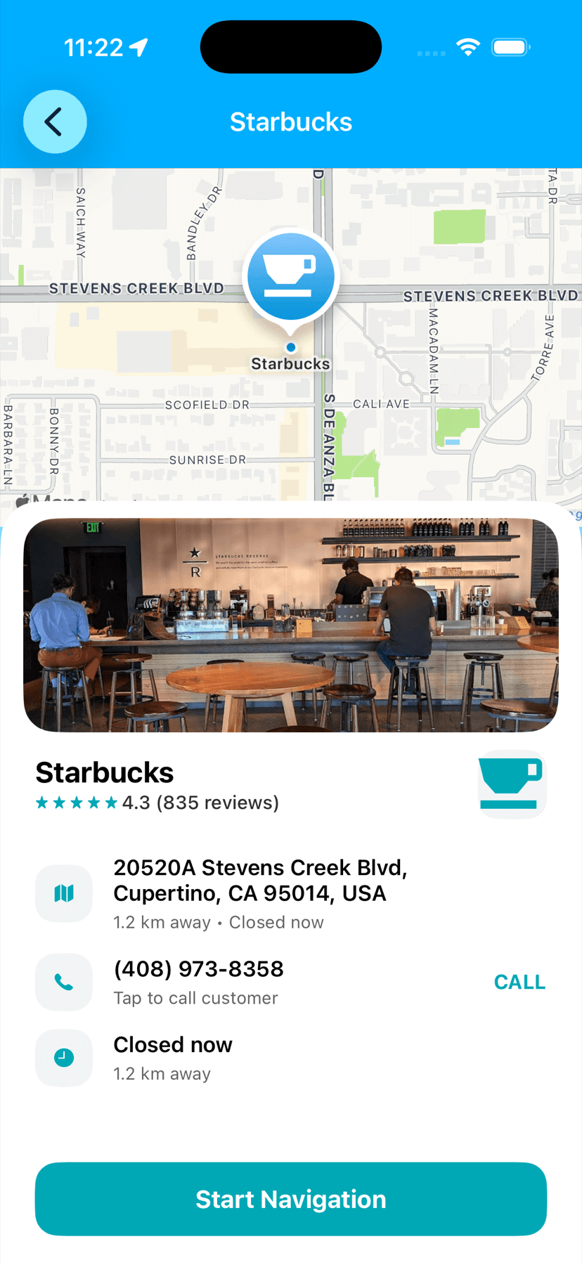 Nearby place details with navigation action