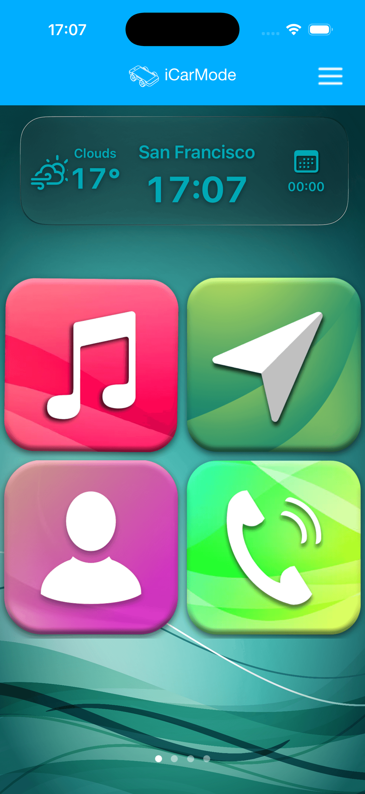 iCarMode home screen with a blue glass theme