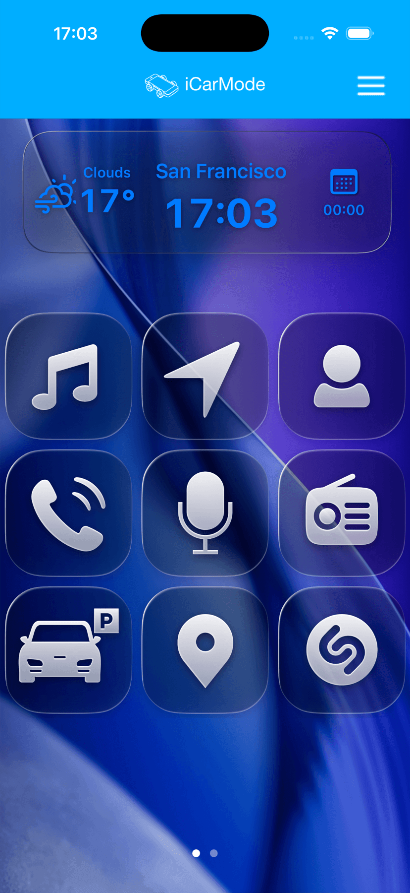 iCarMode home screen with a blue glass theme
